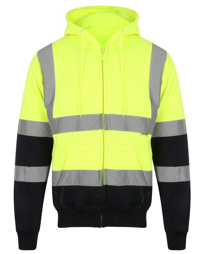 Yellow Hi vis hooded sweatshirt with two tone navy accents on the lower arms and bottom of sweatshirt. Sweatshirts have side pockets, two hi vis waist bands and hi vis shoulder bands. Sweatshirts are zip fasten.