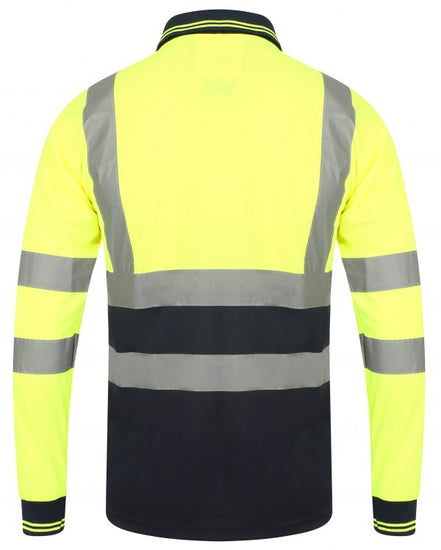 Yellow Hi vis polo shirt long sleeve with Navy accents on the collar bottom of the shirt and wrist cuff. Polo Shirts have two hi vis waist bands and hi vis shoulder bands.