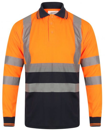 Orange Hi vis polo shirt long sleeve with Navy accents on the collar bottom of the shirt and wrist cuff. Polo Shirts have two hi vis waist bands and hi vis shoulder bands.