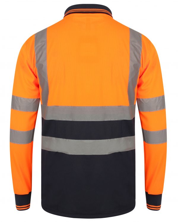 Orange Hi vis polo shirt long sleeve with Navy accents on the collar bottom of the shirt and wrist cuff. Polo Shirts have two hi vis waist bands and hi vis shoulder bands.