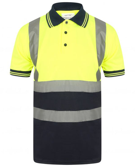 Yellow Hi vis polo shirt short sleeve with navy accents on the collar, Bottom of the shirt and wrist cuff. Polo Shirts have two hi vis waist bands and hi vis shoulder bands.