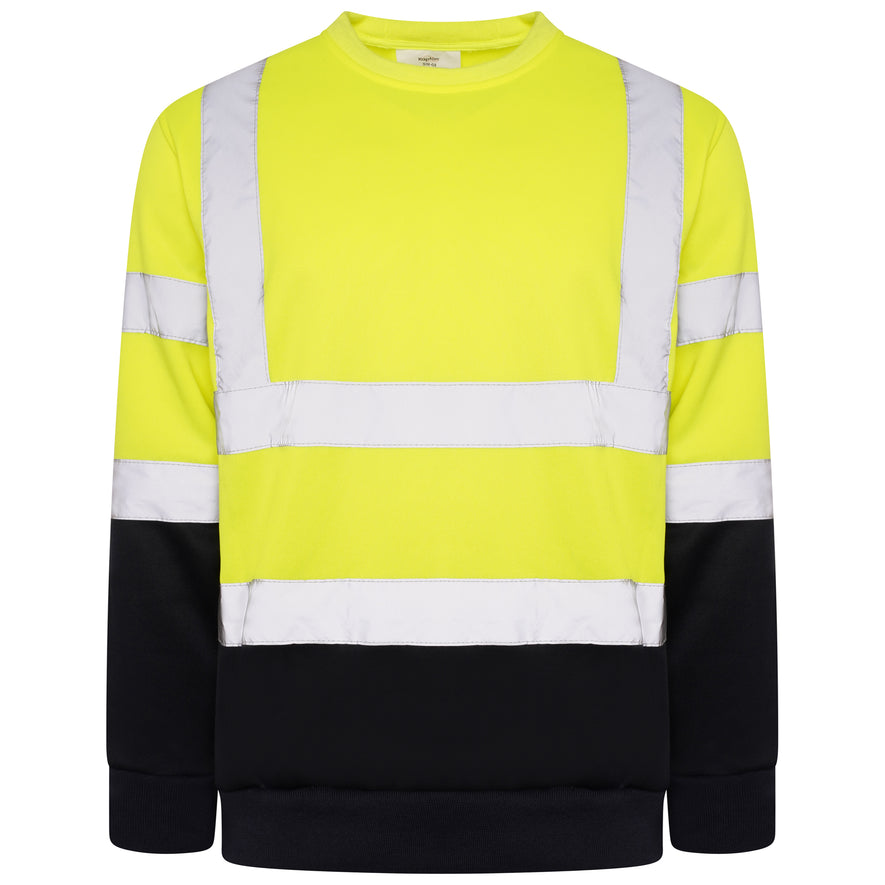 Yellow Hi vis crew neck sweatshirt. Sweatshirts have two hi vis waist bands and hi vis shoulder bands and navy contrast on the bottom of the sweatshirt and arms.