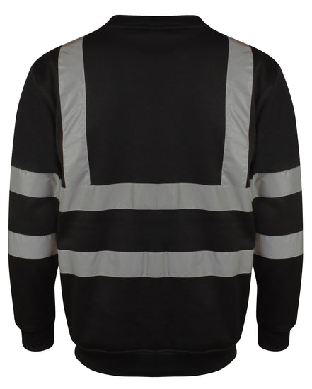 Black Hi vis crew neck sweatshirt. Sweatshirts have two hi vis waist bands and hi vis shoulder bands.