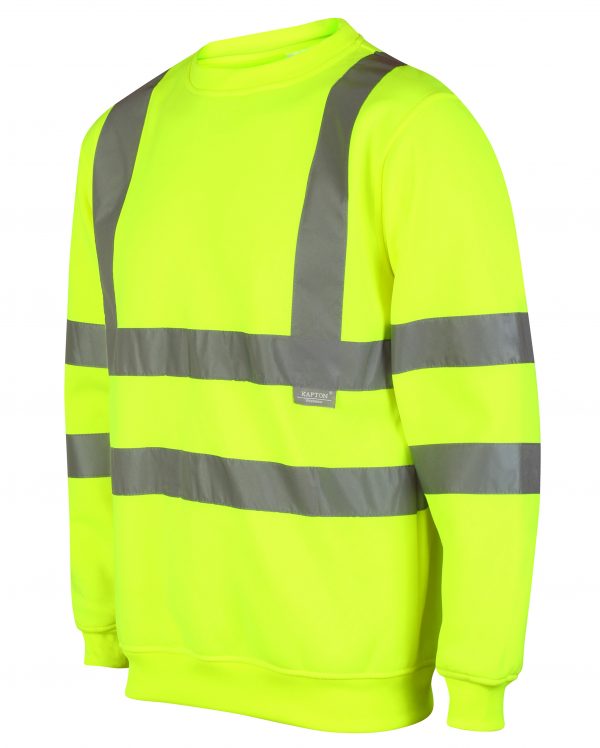 Yellow Hi vis crew neck sweatshirt. Sweatshirts have two hi vis waist bands and hi vis shoulder bands.