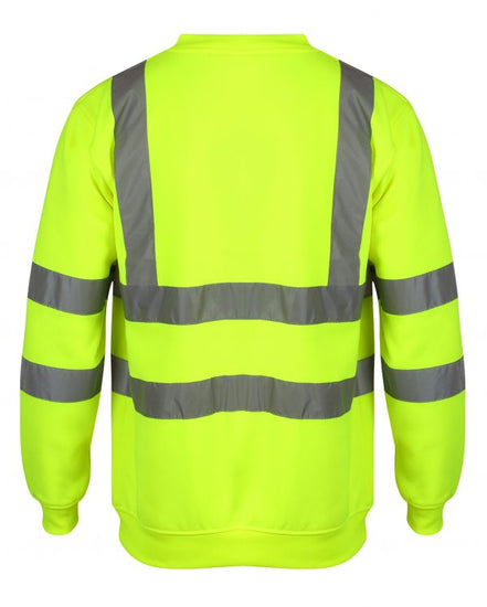 Yellow Hi vis crew neck sweatshirt. Sweatshirts have two hi vis waist bands and hi vis shoulder bands.