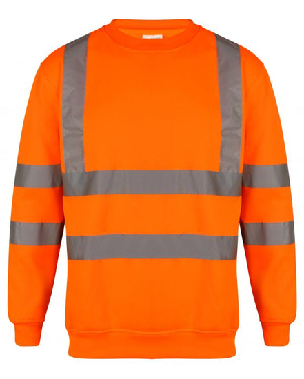 Orange Hi vis crew neck sweatshirt. Sweatshirts have two hi vis waist bands and hi vis shoulder bands.