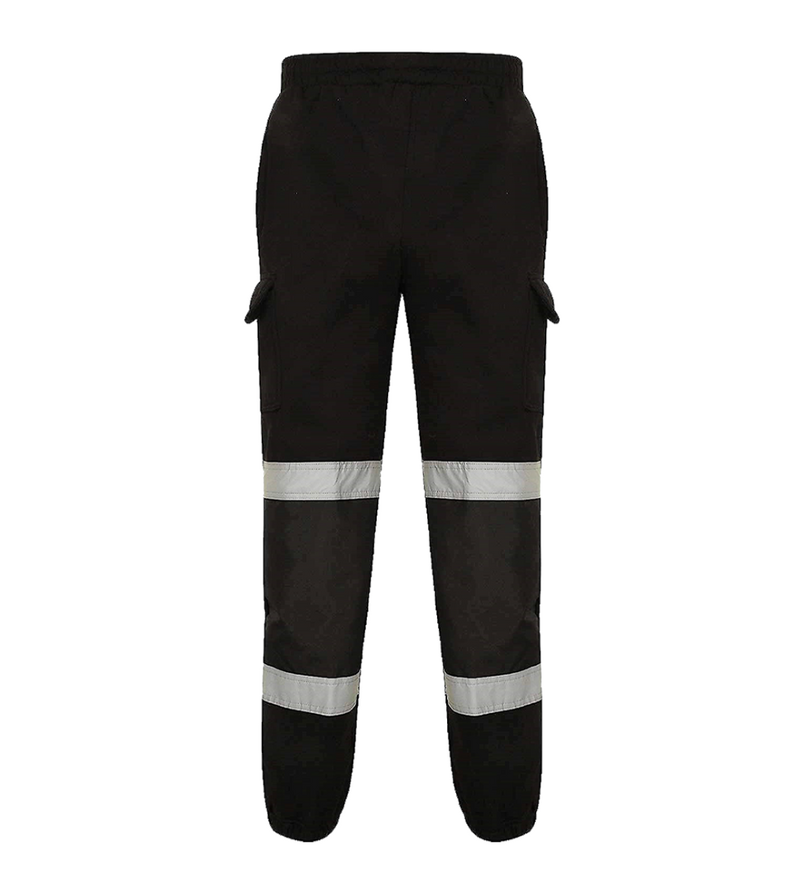 Black Hi vis Jogging bottoms. Joggers have two hi vis bands, cargo pockets and drawcords for tightening.