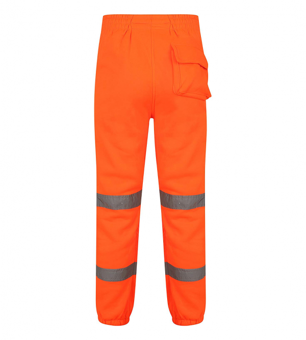 Back side of Orange Hi vis Jogging bottoms. Joggers have two hi vis bands, cargo pockets and a back side pocket.