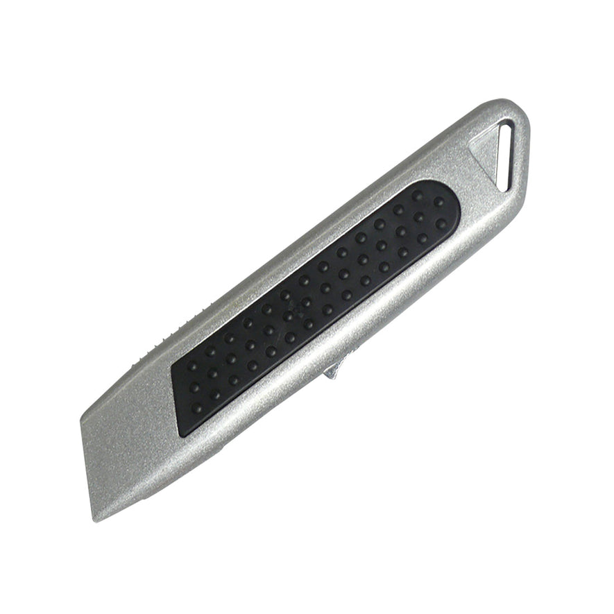 Silver portwest pro safety cutter knife. Knife is push up and has black contrast on the side.