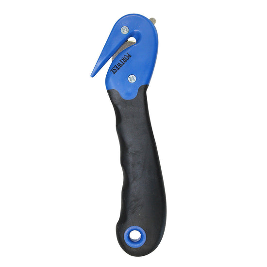 Blue enclosed safety knife with a black handle.