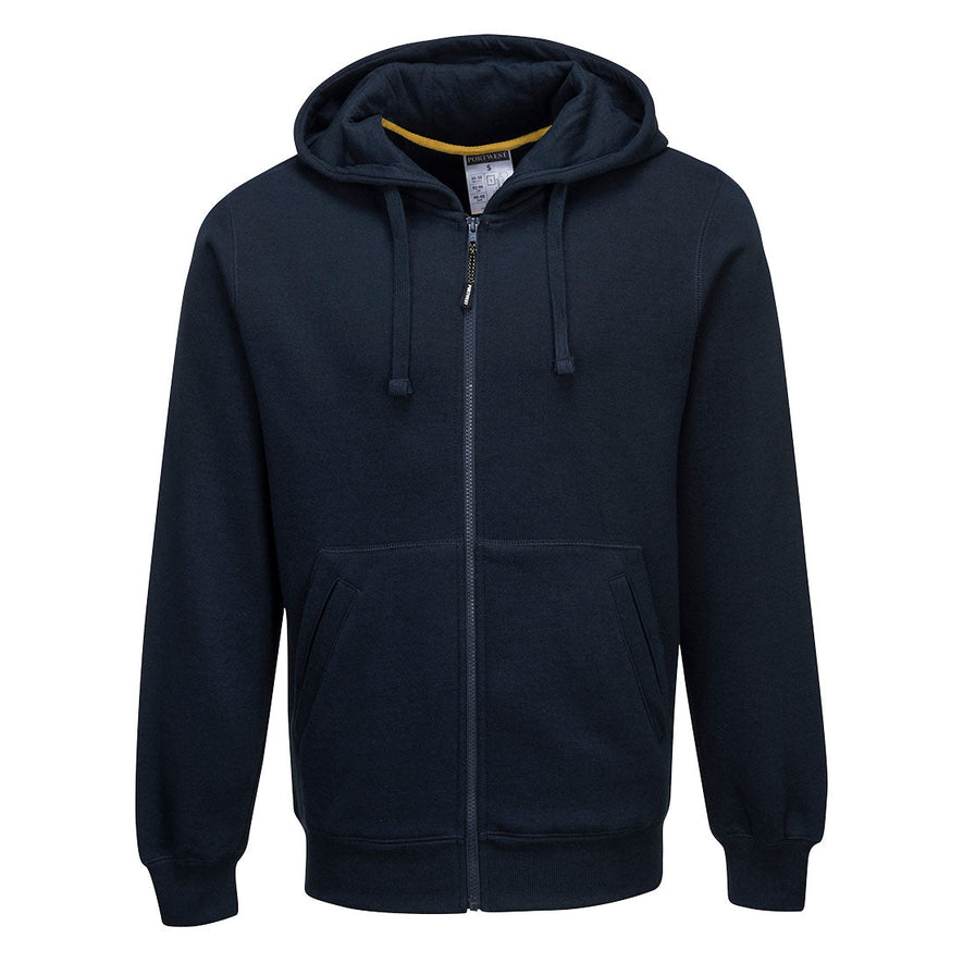 Navy Portwest Hooded nickel sweatshirt. Sweatshirt has pockets on the body and a hood with drawstring tighten. Hoodie is full zip.