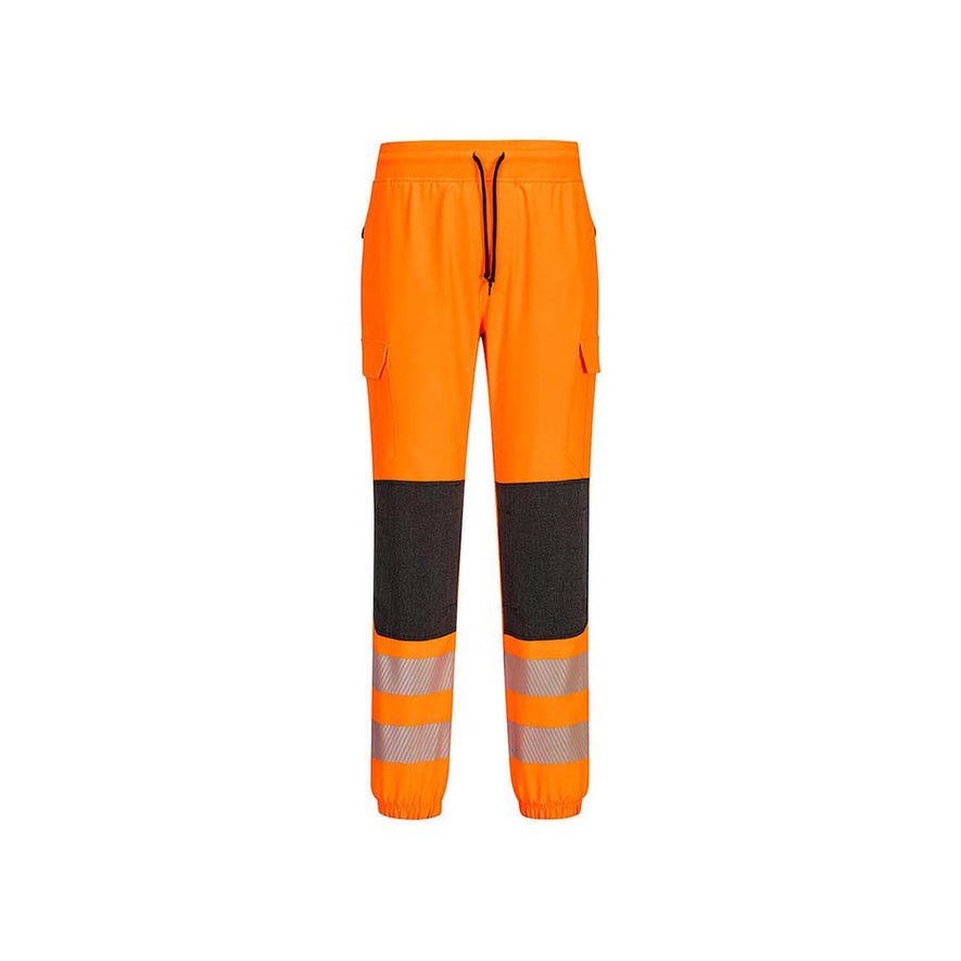 KX3 Hi-Vis Flexi Class 2 Jogger Orange/Black with black drawstring and knee pads with hi-vis relfective strips on shins