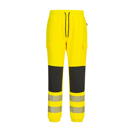 KX3 Hi-Vis Flexi Class 2 Jogger Yellow/Black with black drawstring and knee pads with hi-vis relfective strips on shins