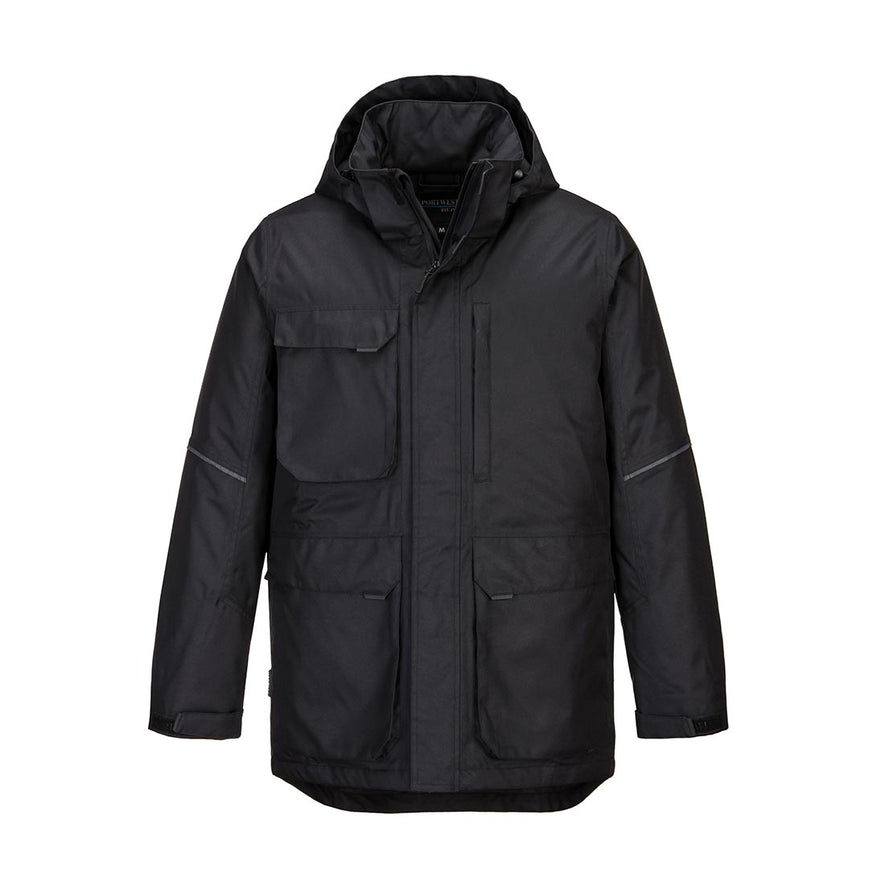 KX3 hooded Parka Jacket in Black with large right breast pocket and zip pocket on left breast