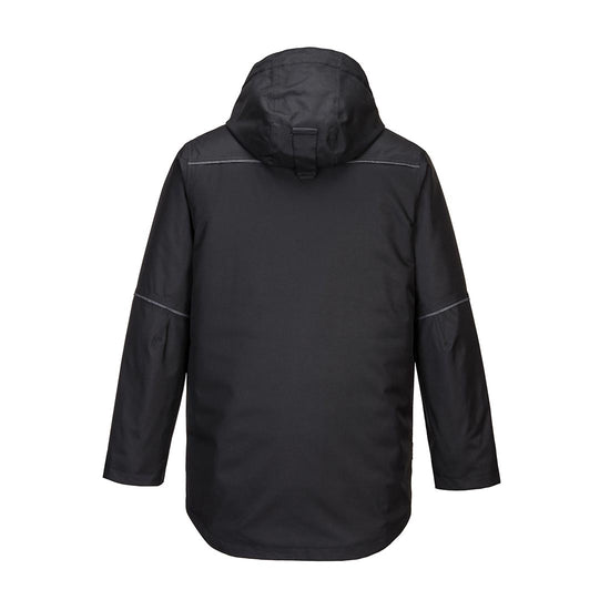 KX3 hooded Parka Jacket in Black with large right breast pocket and zip pocket on left breast