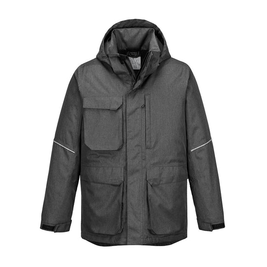 KX3 hooded Parka Jacket in Grey with large right breast pocket and zip pocket on left breast