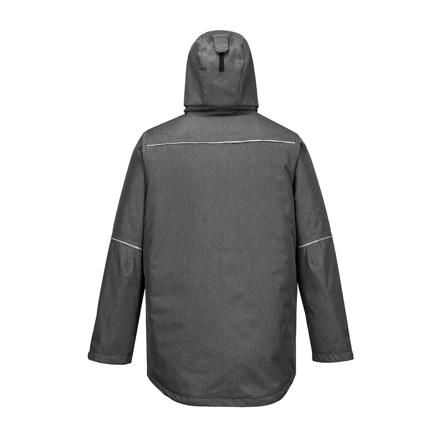 KX3 hooded Parka Jacket in Grey with large right breast pocket and zip pocket on left breast