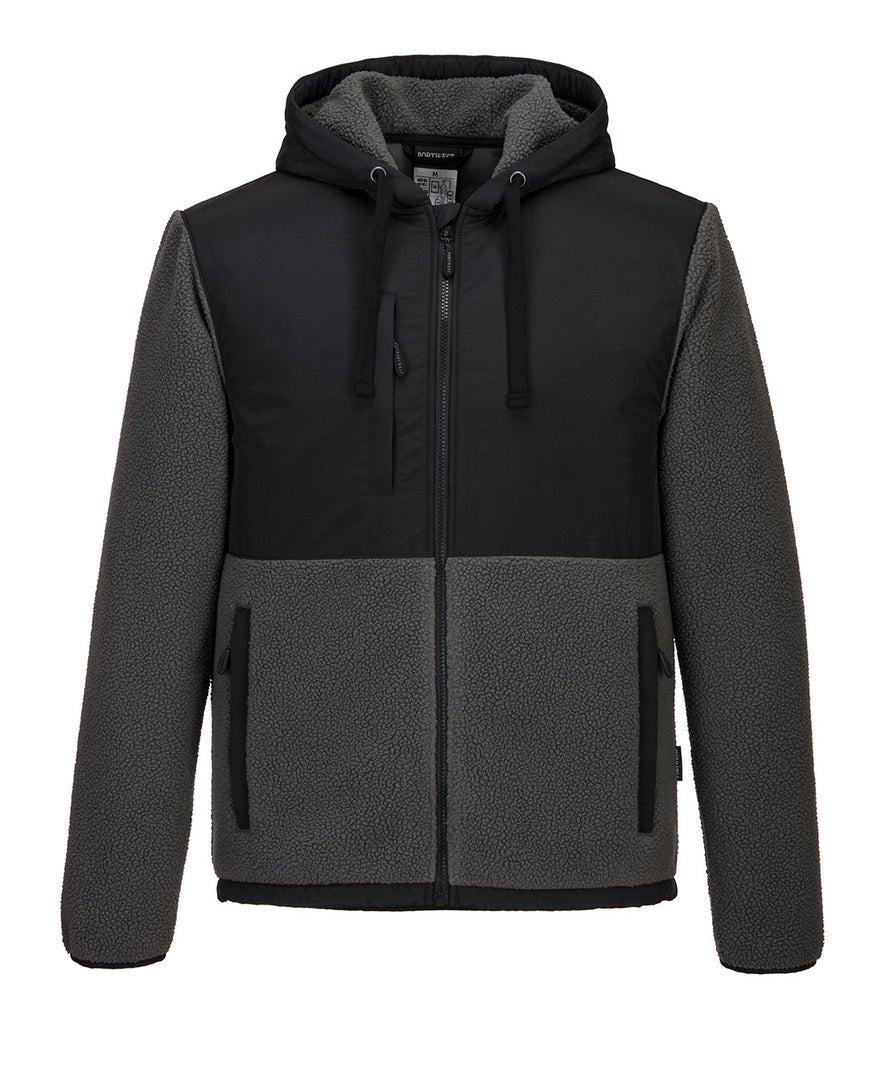 Portwest KX3 Borg Fleece in black with black panel over shoulders, chest and outer hood. Hood with drawstring, full zip fastening and two lower zipped pockets.
