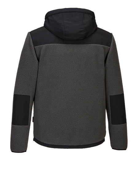 Back of Portwest KX3 Borg Fleece in black with black panel over shoulders, patches on elbows and outer hood. 