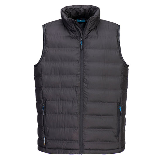 Portwest KX3 Ultrasonic Bodywarmer in black with padded front, collar, full zip fastening and two lower zipped pockets.