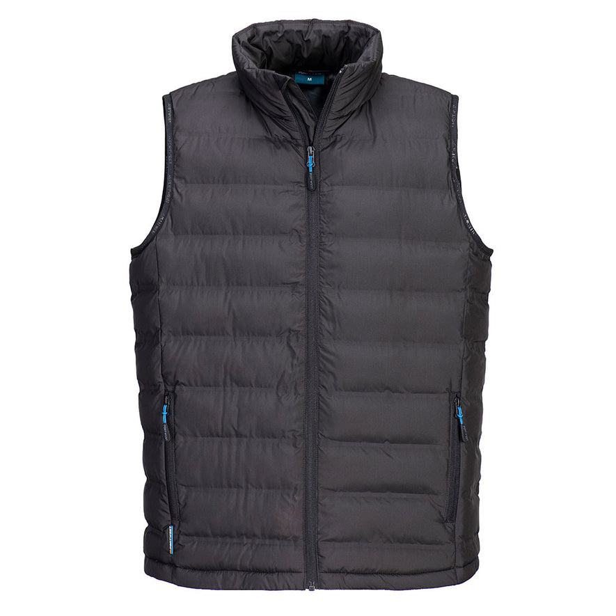 Portwest KX3 Ultrasonic Bodywarmer in black with padded front, collar, full zip fastening and two lower zipped pockets.