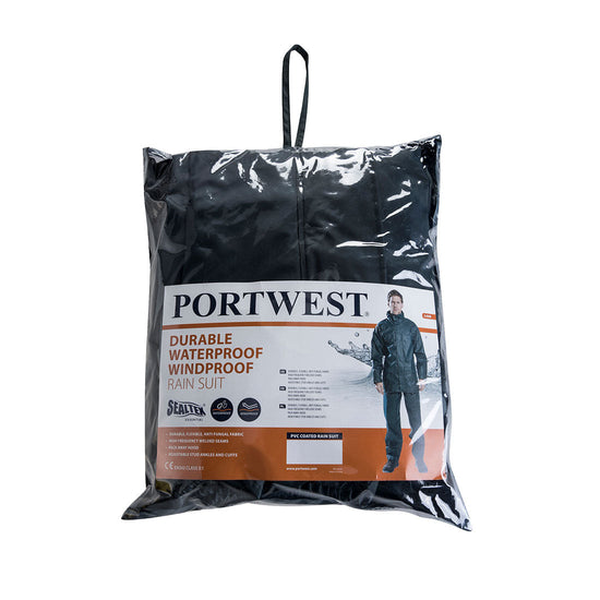 Black Portwest Sealtex essential rainsuit. Rainsuit is two piece and has elasticated trousers and hooded jacket. Rainsuit comes in a bag for storage.