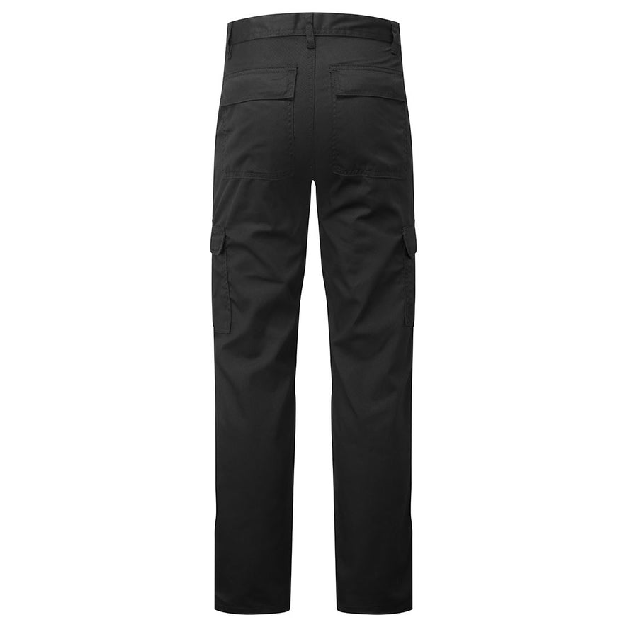 Back of Portwest Lightweight Combat Trousers in black with belt loops on waist bands and pockets on sides of both legs and bottom.