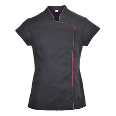 Black Portwest wrap tunic. Tunic has pink stitching and is button fasten.