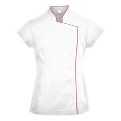 White Portwest wrap tunic. Tunic has pink stitching and is button fasten.