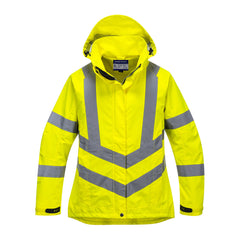 Yellow Ladies Hi vis breathable jacket with two waist bands and shoulder bands. Pop button and zip fasten with waist pockets and visible hood.