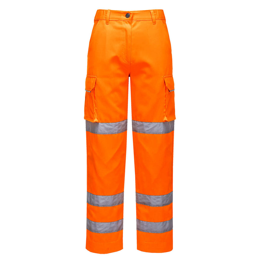 Orange ladies hi vis three band combat trousers. trousers have cargo style pockets and three reflective bands. Bands are on the ankles and knee area.