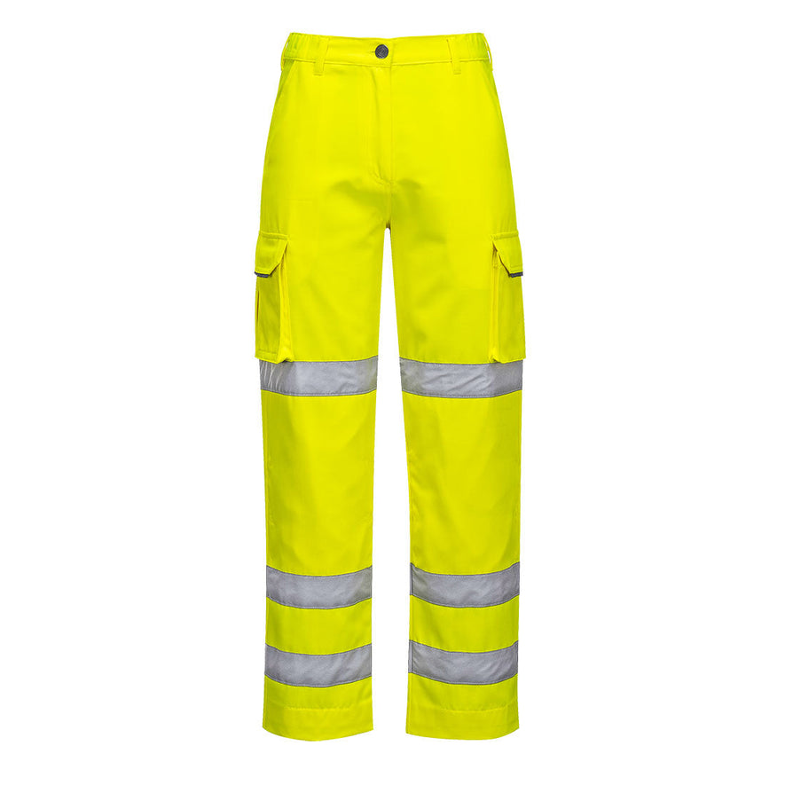 Yellow ladies hi vis three band combat trousers. trousers have cargo style pockets and three reflective bands. Bands are on the ankles and knee area.