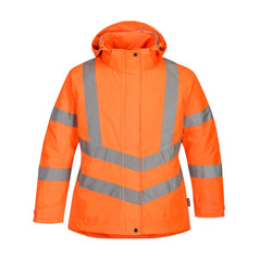 Orange Ladies Hi vis winter jacket with two waist bands and shoulder bands. Pop button and zip fasten with waist pockets and visible hood.