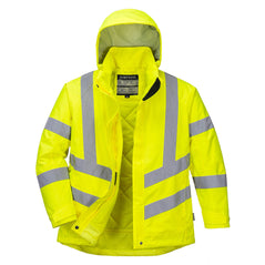 Yellow Ladies Hi vis winter jacket with two waist bands and shoulder bands. Pop button and zip fasten with waist pockets and visible hood.