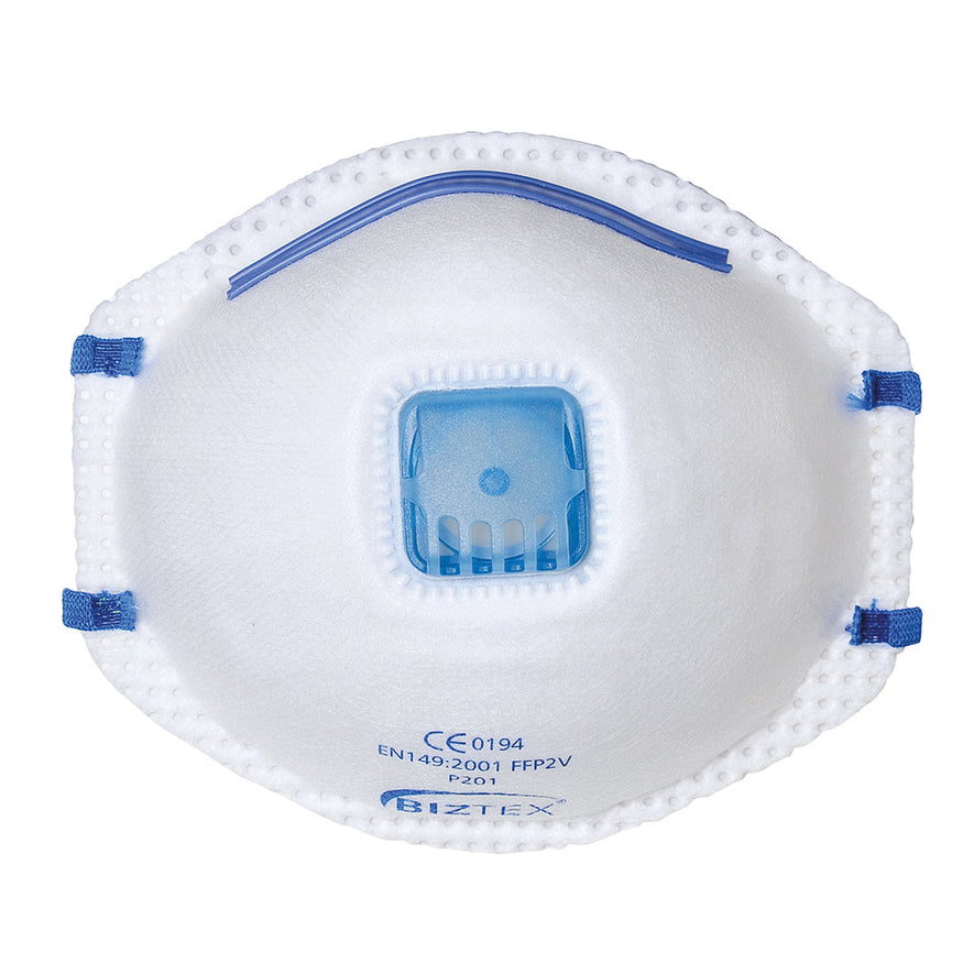 White FFP2 moulded mask with blue straps, a blue valve and blue writing.