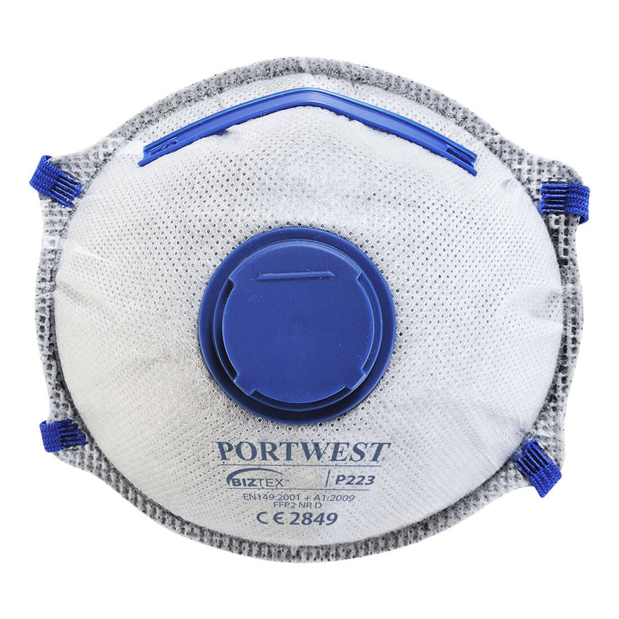 White FFP2 moulded mask with blue straps, a blue valve and blue writing.