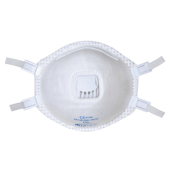 White FFP3 moulded mask with white straps, a white valve and blue writing.