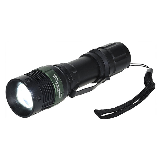 Black Portwest Tactical torch. Torch has a black string and green contrast on the front area.