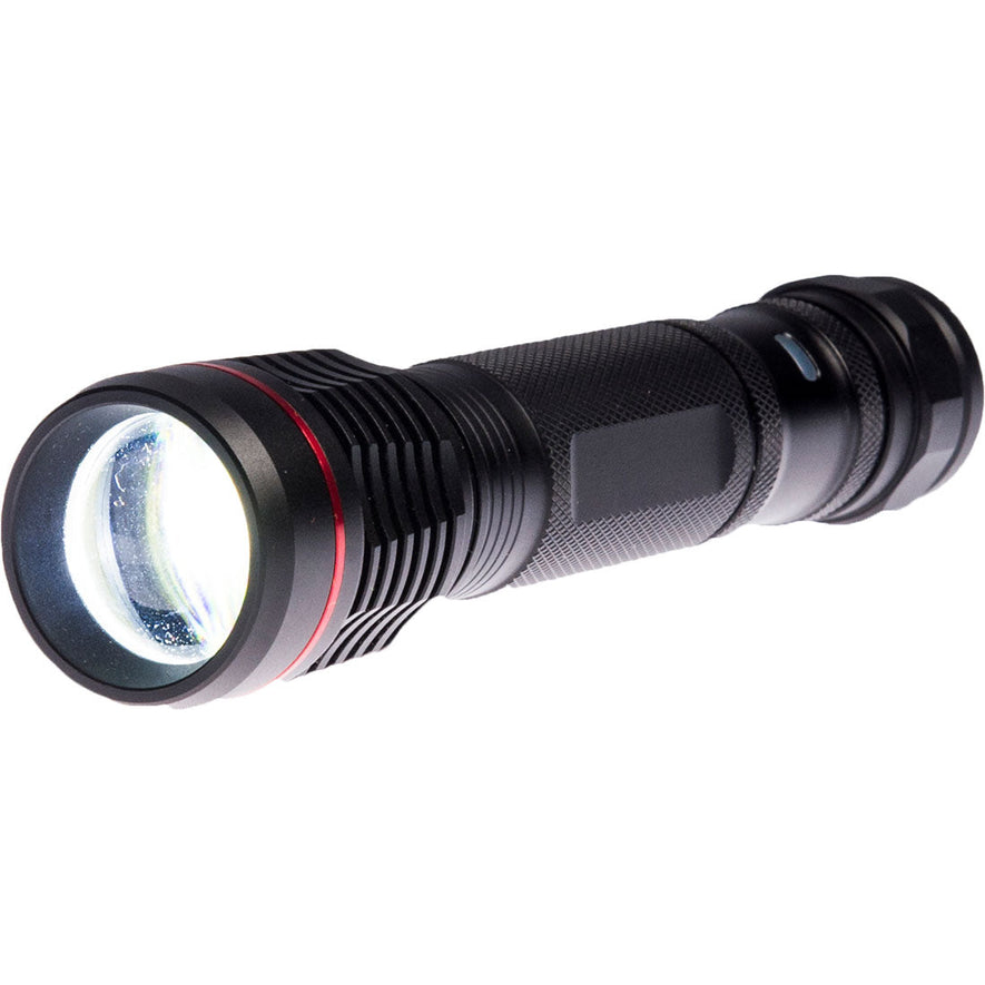 Black USB rechargeable torch. Torch has a black outer and led light.