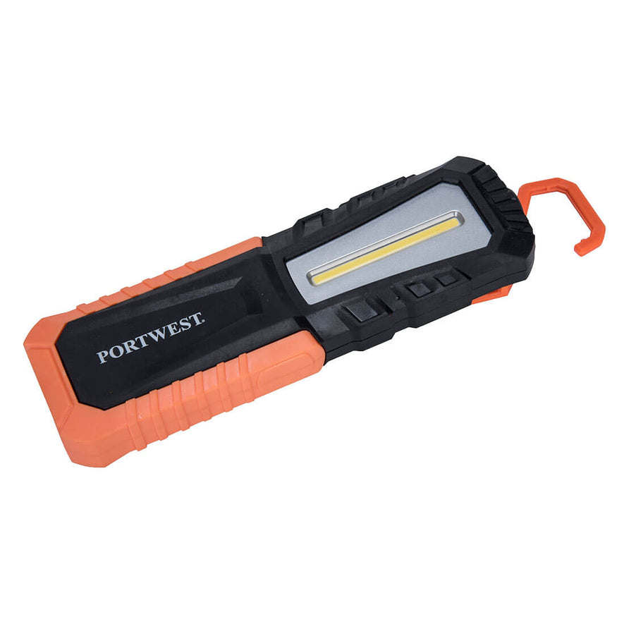 Portwest USB Rechargeable inspection torch. Torch has black and orange outer and a orange hook. 