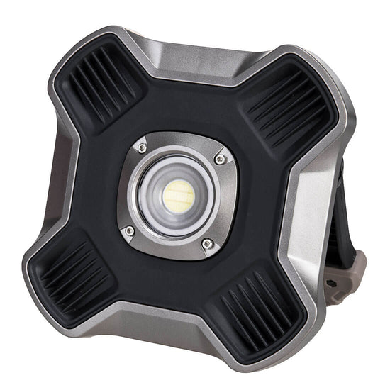 Black Portwest USB Rechargeable flood light. Flood light has a led light and has a silver and black frame. 