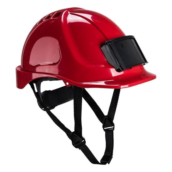 Red endurance hard hat with black badge holder on the front and black chin straps.