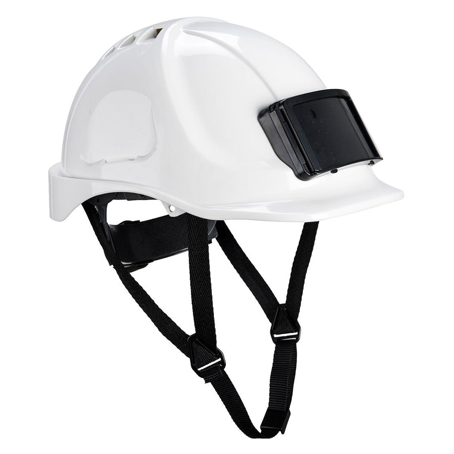 White endurance hard hat with black badge holder on the front and black chin straps.