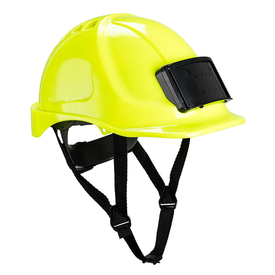 Yellow endurance hard hat with black badge holder on the front and black chin straps.