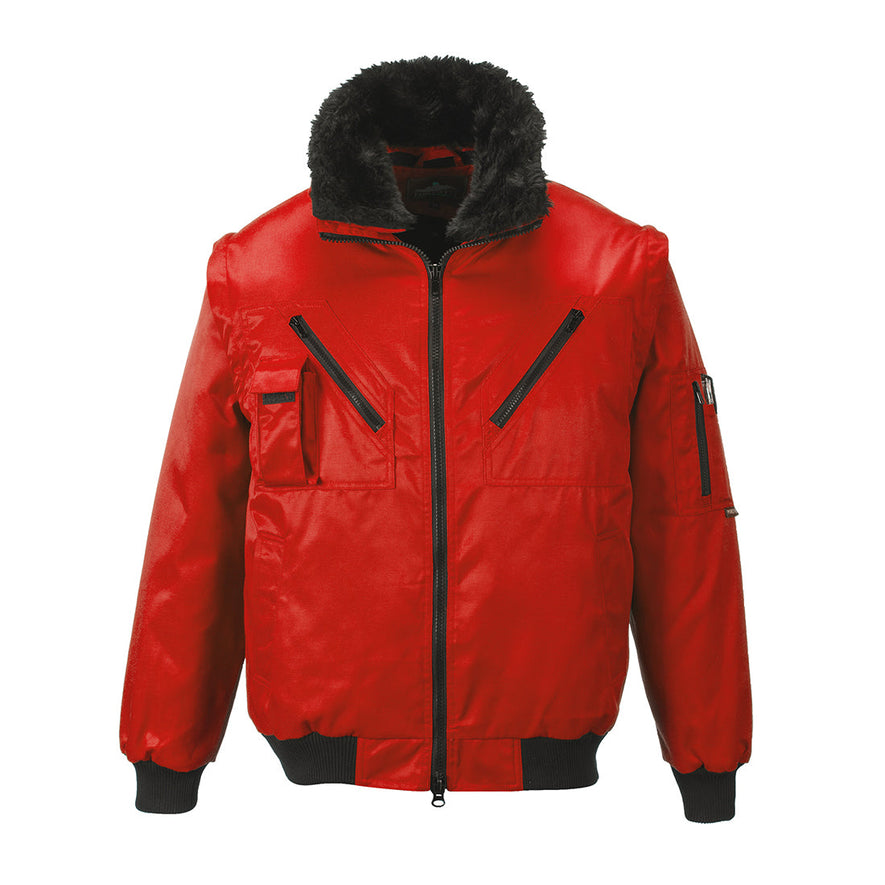 Red portwest pilot jacket. Jacket has a black ribbed elasticated midriff and sleeves. jacket has side pockets, zip pockets on the chest and left arm. Jacket also has a phone pocket on the chest and black fluffy collar. 