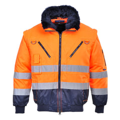 Orange Hi vis three in one pilot jacket with two waist bands. Zip fasten with waist pockets, zip chest pocket with d loops a phone pocket and fluffy collar. Jacket has navy contrast on the bottom of the jacket and the arms.