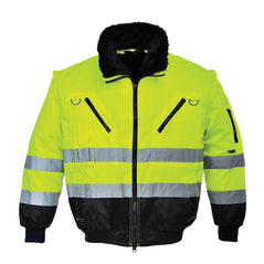 Yellow Hi vis three in one pilot jacket with two waist bands. Zip fasten with waist pockets, zip chest pocket with d loops a phone pocket and fluffy collar. Jacket has black contrast on the bottom of the jacket and the arms.