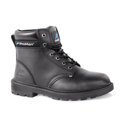 Black Safety Boot with laces, sole, ankle support and stitching pattern on side. ProMan branding on side and tongue.