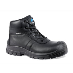 Black Safety Boot with laces, sole, scuff cap, heel cap, ankle support and stitching pattern on side. ProMan branding on tongue and waterproof tag on side.
