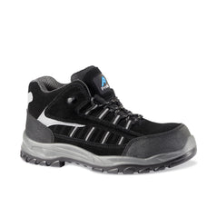 Black Safety Boot with laces, ankle support, white features on side, grey sole and scuff cap.